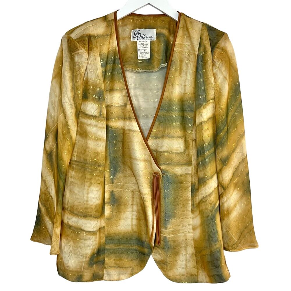Vintage La Difference Womens Size M Sheer Tan Gold Print Chiffon Jacket Blazer